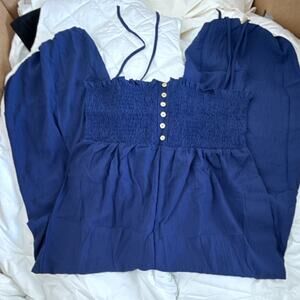 Women's Smocked Button Front One Piece Jumpsuit Sleeveless Navy Blue Size L